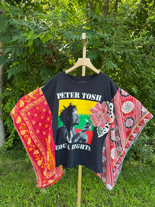 OOAK Summer Collection- Upcycled Peter Tosh Inspired Vintage Embroidered Flower Patch Kantha Poncho Tee