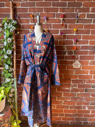 Blue Red Brown Mandala Long Tapestry Robe Kimono with Pockets and Belt