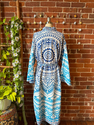 Blue Mandala Long Tapestry Robe Kimono with Pockets and Belt