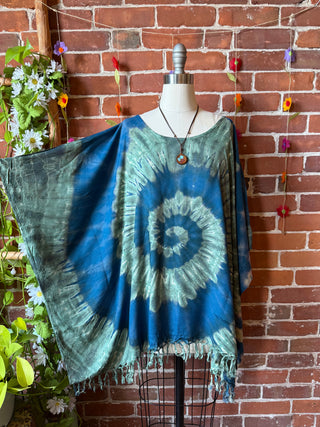 Spiral Ocean Tones Tie Dye Fringe Poncho
