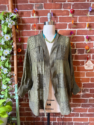 Solstice Stroll Basil Green Patchwork Batwing Sleeve Kimono Layer - Fair Trade Made
