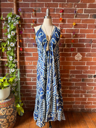 Size Small-Medium Blue Meadow Mosaic 100% Cotton Halter Dress - Fair Trade Made
