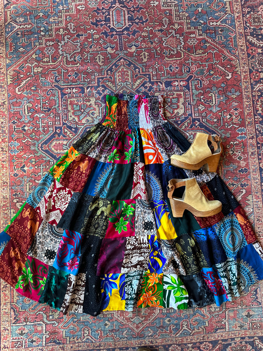 Free Size. The Tula Skirt / Dress -Ruched Waistband Patchwork Boho Festival Spin Skirt / Dress