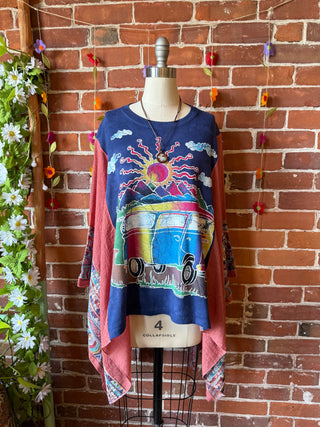Hippie Festival Bus Inspired Batik Embroidered Poncho