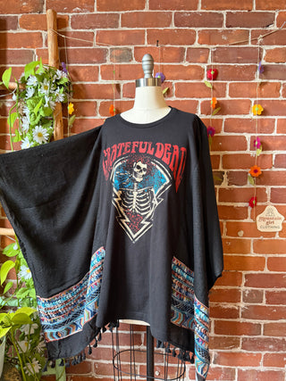 Upcycled Grateful Dead Skeleton Inspired Embroidered Black Tassel Poncho