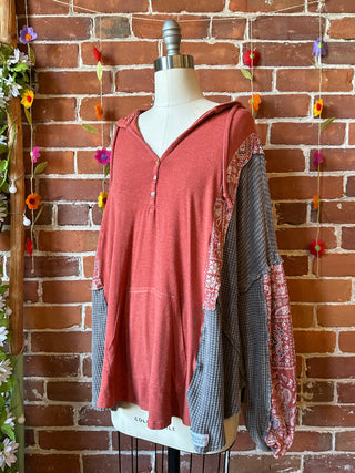 OOAK Autumn Collection- Size XL Upcycled Waffle Knit Patchwork Hybrid Hoodie