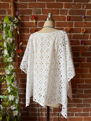 100% Cotton Bohemian Eyelet Overlay Poncho Top - White