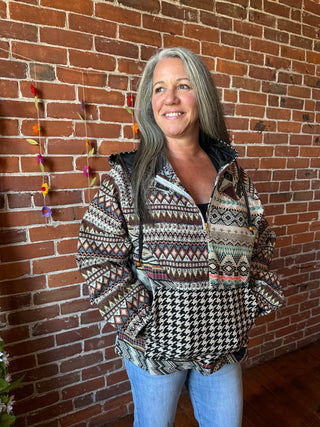 Autumn Stroll Kilim Inspired Patchwork Pullover Hoodie
