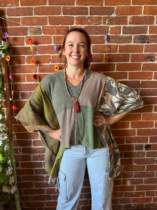 OOAK Autumn Collection - Upcycled Hi Lo Colorblock Kantha Poncho Top