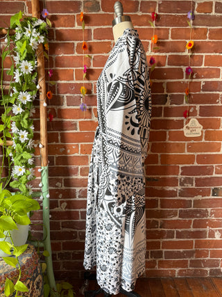 Black + Grey Mandala Long Tapestry Robe Kimono w/ Pockets + Belt - Fair Trade Made
