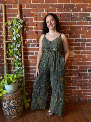 Forest Song Embroidered Cotton Wide Leg Overalls 🌿 -Multiple Sizes