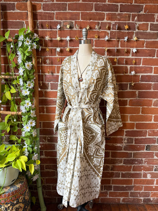 Gold + White Mandala Long Tapestry Robe Kimono with Pockets and Belt