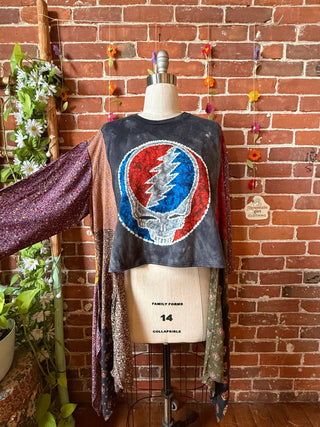 OOAK Summer Collection- Upcycled Grateful Dead Flowy Hybrid Hi Lo Tee