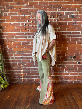 Bohemian Autumn Days Bandana Patchwork Bell Bottom Pants - Sage