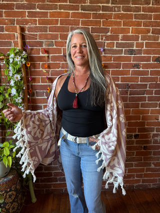 Pink Sky Fringe Cocoon Shawl Kimono - 100% Cotton