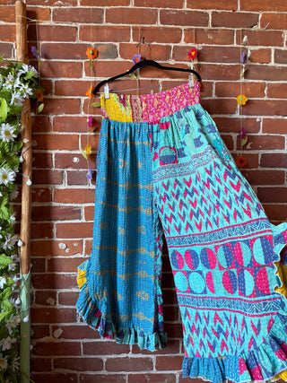 Coffee In The Morning Kantha Ruffle Wide Leg Lounge Pants - Fits up to 2X - Fair Trade Made