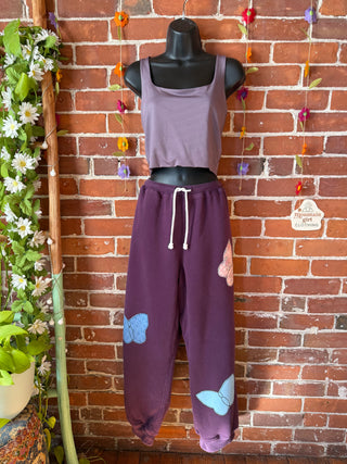 OOAK Autumn Collection- Patchwork Butterfly Upcycled Sweatpants Lounge Pants Size Medium