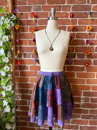 100% Cotton Boho Festival Patchwork Mini Skirt - Purple