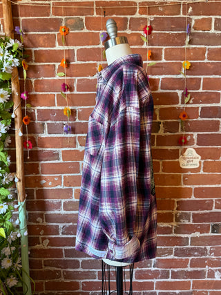 OOAK Autumn Collection- Unisex Size Upcycled Kantha Detail Button Up Plaid Wild Daisies