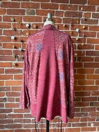 Stone Washed Patchwork Paisley Bohemian Cardigan - Merlot