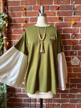 OOAK Summer Collection- Upcycled Frog & Toad Eyelet Lace Bell Sleeve Tee - Size Large