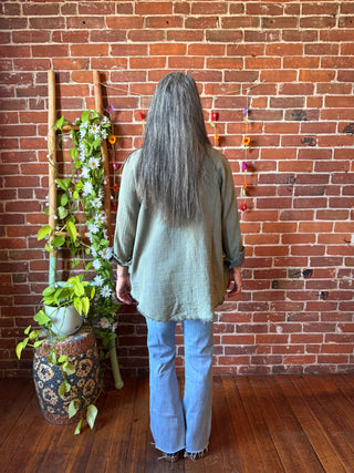 100% Cotton Gauze Olive Light Layer Button Up Top