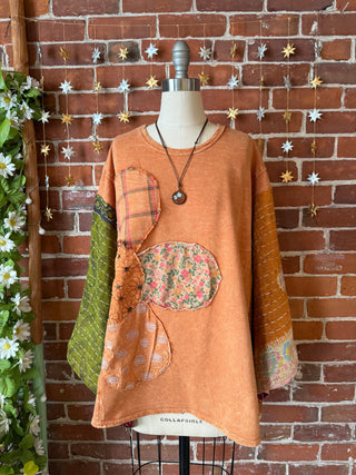 OOAK Autumn Collection - Upcycled Flower Patchwork Trapeze Style Bell Sleeve Kantha Top 🌼