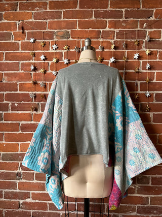 Upcycled Irish Cropped Kantha Flowy Poncho Top