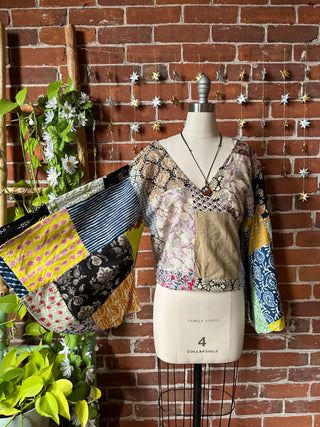 Cotton Patchwork Nova Kantha Bell Sleeve Wrap Top