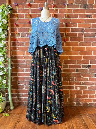 Black Celestial Sun Moon + Stars Silk Spin Skirt