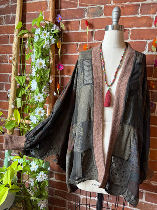 Autumn Stroll Patchwork Batwing Sleeve Kimono Layer - Dark Earth Tones