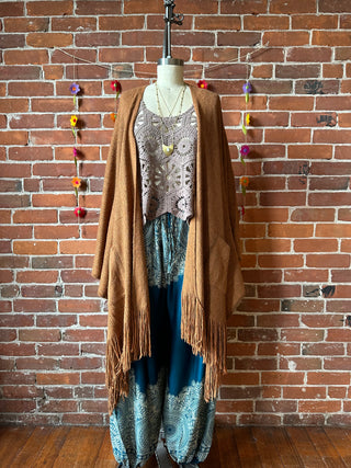 Earthy Mama Long Brown Fringe Poncho With Pockets