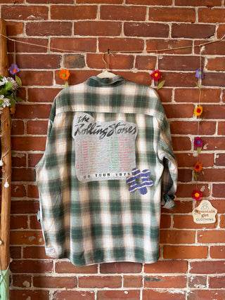 OOAK Autumn Collection- Unisex Size XXL Upcycled Rolling Stones Inspired Button Up Plaid Flannel Top