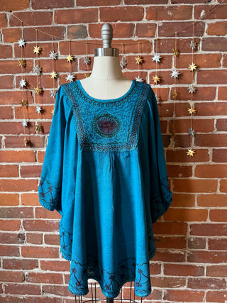 Hannah Embroidered Poncho Capelet Top - Stone Washed Teal
