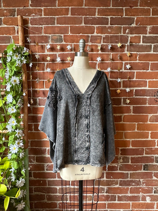 In Zen Mode Doily V-Neck Poncho Top - In Charcoal + Olive