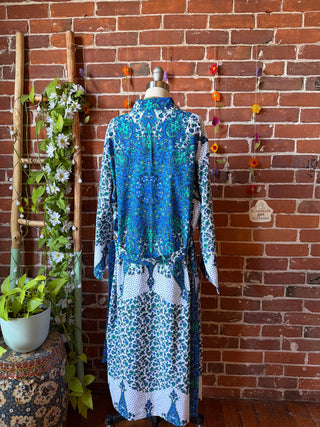 Blue White Long Tapestry Robe Kimono w/ Pockets + Belt - Fair Trade Made
