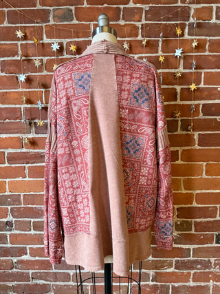 Stone Washed Patchwork Paisley Bohemian Cardigan - Clay