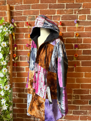 Autumn Stroll Tie Dye Fleece Lined Patchwork Hoodie Jacket
