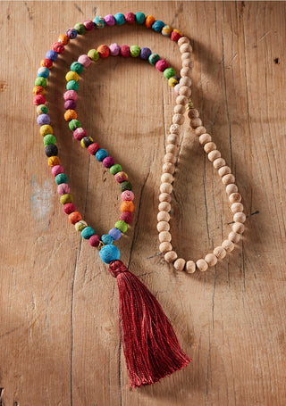 Recycled Sari Wooden Bead Tassel Necklace