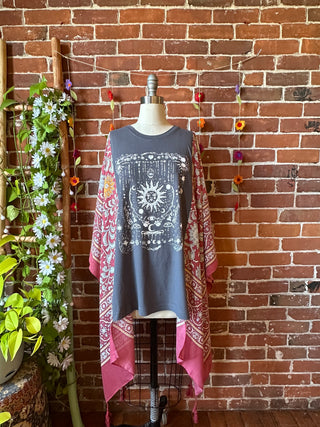 Celestial Sun Moon Stars Hybrid Boho Hi Lo Poncho Top