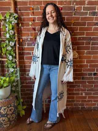 Evil Eye Sun Washed Blue 100% Cotton Hoodie Kimono Robe  - Fair Trade Made