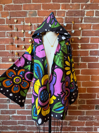 Grateful Dead Inspired Flower Dancing Bears Tapestry Bell Sleeve Hooded Kimono