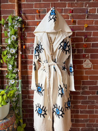 Evil Eye Blue 100% Cotton Hoodie Kimono Robe  - Fair Trade Made