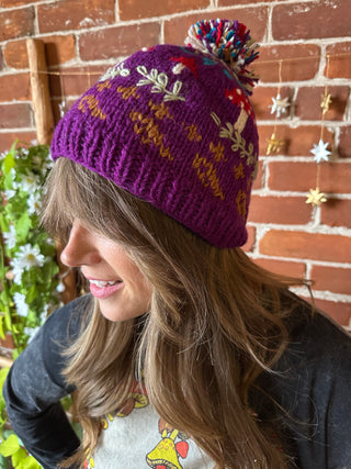Magic Mushroom Embroidered Wool Pom Pom Beanie Hat