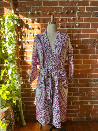 Purple Pink Blue Mandala Long Tapestry Robe Kimono w/ Pockets + Belt - Fair Trade Made