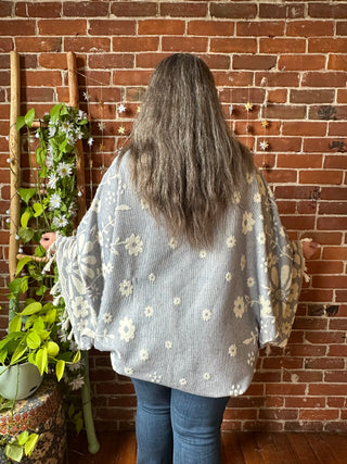 Blue Sky Flower Fringe Cocoon Shawl Reversible Kimono - 100% Cotton