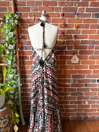Size Small-Medium Black Red Meadow Mosaic 100% Cotton Halter Dress - Fair Trade Made