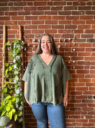 In Zen Mode Doily V-Neck Poncho Top - In Charcoal + Olive