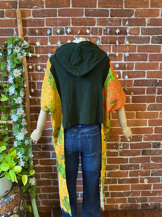 OOAK Autumn Collection - Upcycled Embroidered Butterfly Cropped Hybrid Hi Lo Kantha Hoodie