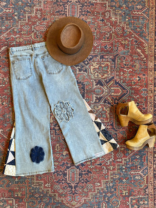 OOAK Autumn Collection-  Size Medium Cropped Patchwork Bell Bottom Pants